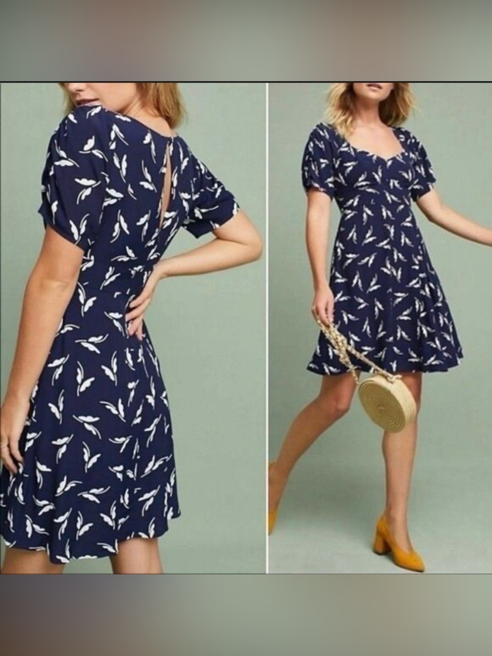 Maeve Anthropologie Navy Blue butterfly print Mini Dress puff sleeve size 6